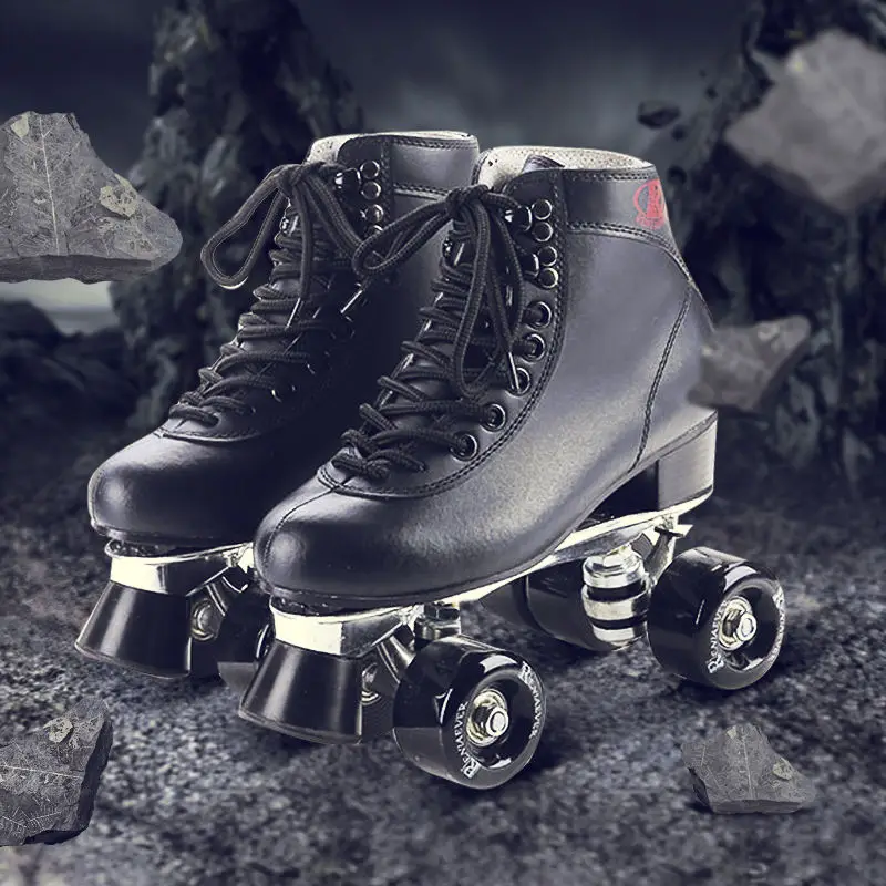Double Roller Skates Genuine Leather Metal Base Black Men's Roller