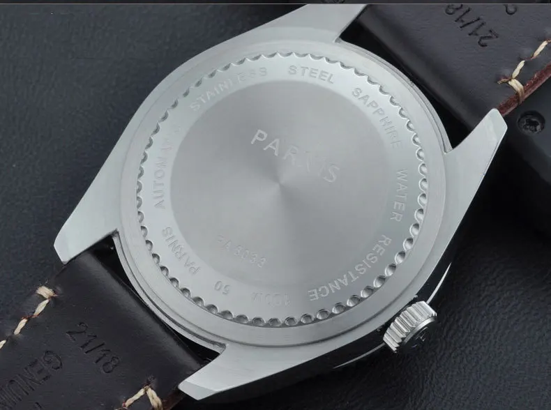 E1236 Parnis механический стальной чехол с сапфировым белым циферблатом автоматические мужские часы 43 мм
