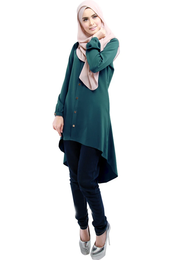 Длинные рубашки с открытыми пуговицами, мусульманские женские арабские блузки, шифоновые топы, Исламская Блуза женская мусульманская одежда, мусульманская рубашка B7903 - Цвет: Green