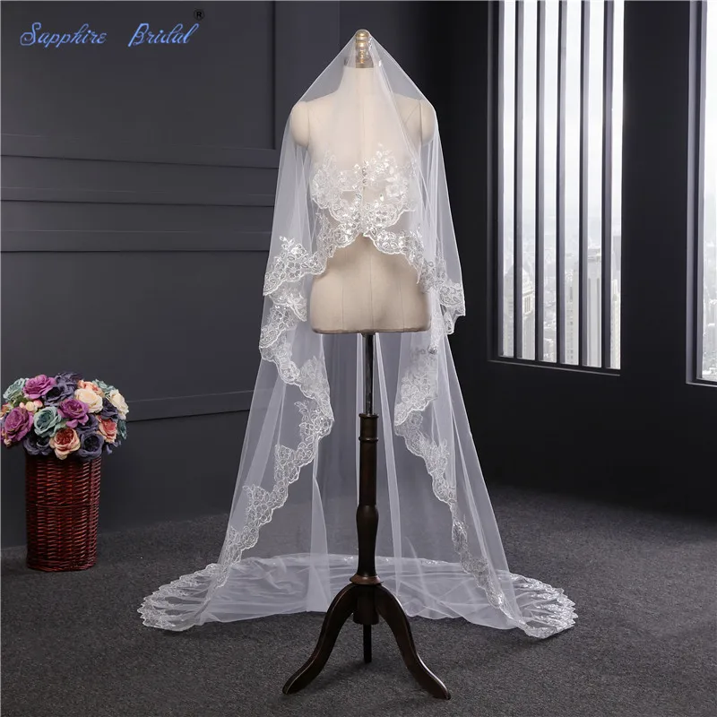 

Sapphire Bridal Sequn Lace Edge Wedding Veils For Bride Long Single Layer No Comb Veils
