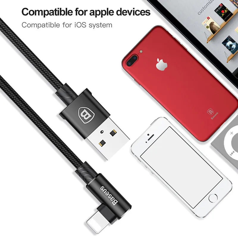Baseus 90 Degree USB Cable For iPhone 5 6 6s 7 8 Fast Charging Cable For iPad USB Charger Cable L Type Mobile Phone Data Cable