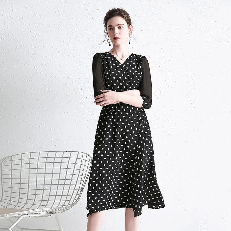 

Retro Black Polka Dot Dress V Neck Silk Dresses Summer Midi Warp Dress