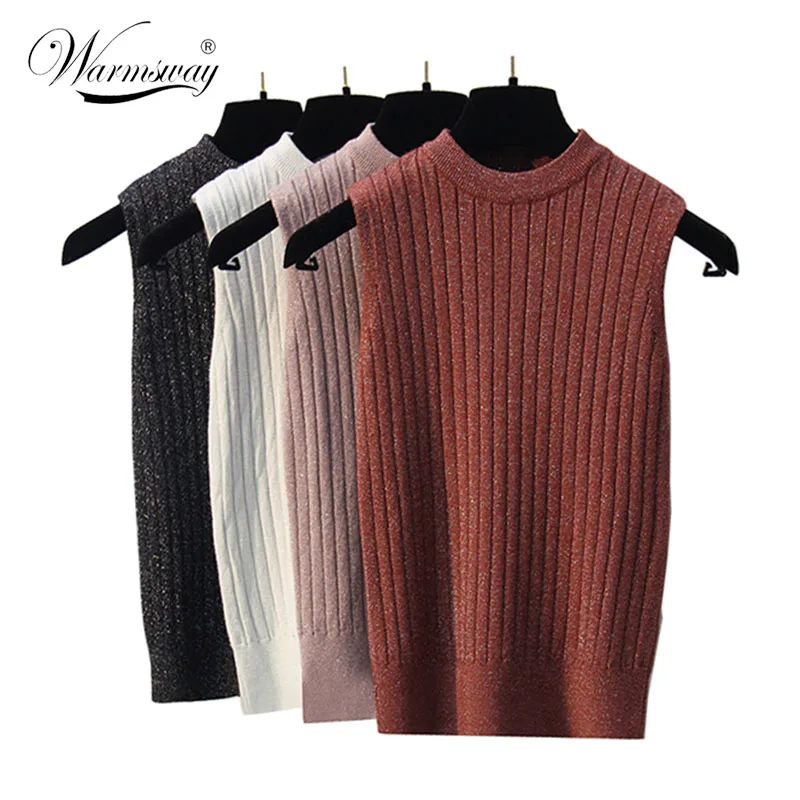 Summer Knitted T Shirt Top Solid Fashion Slim  Sleeveless T-shirt Slim Lurex Knitted Vest Female Tee Knitwear WS-128
