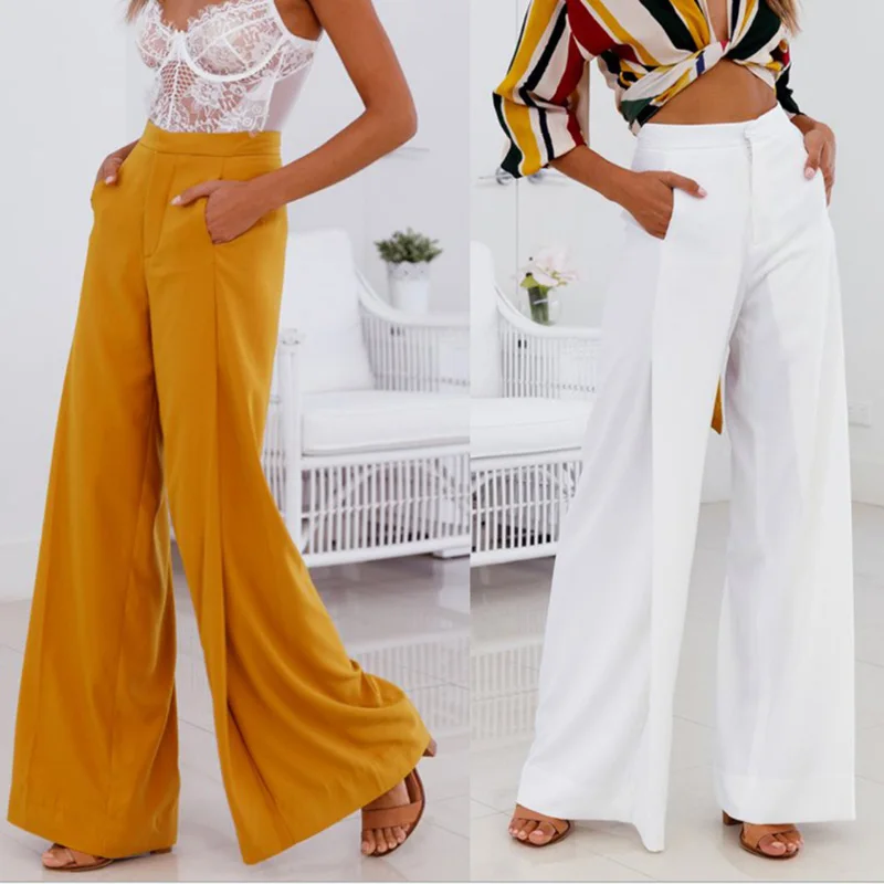 

Women Orange White Wide Leg Chiffon Pants High Waist Tie Front Trousers Palazzo OL Elegant Pants Long Culottes Pants Plus Size
