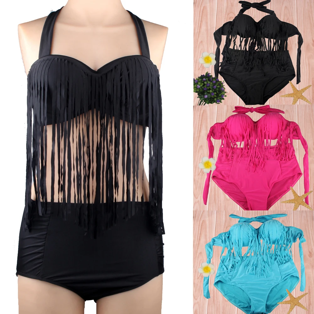 2016 Women Swimwear Plus Size Vintage Sexy Padded Tassel High Waist Bikini Swimwear Swimsuit Bathing Suit Maillot De Bain