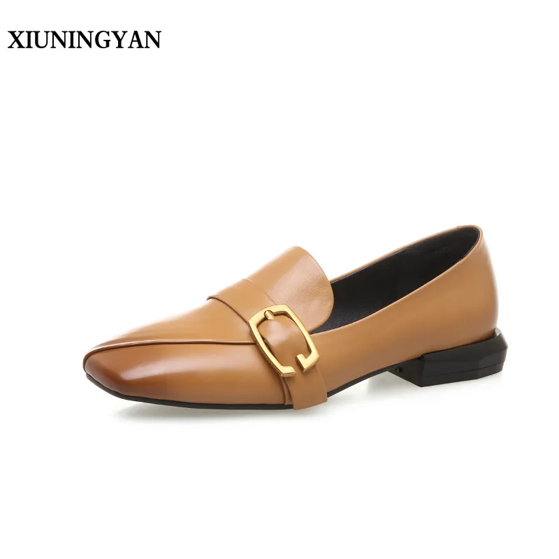 

XIUNINGYAN 2018 Women Fashion Buckle Flats Square Toe High Heels Casual Soft Leather Slip-on Leisure Low Heel Shoes Woman Shoes
