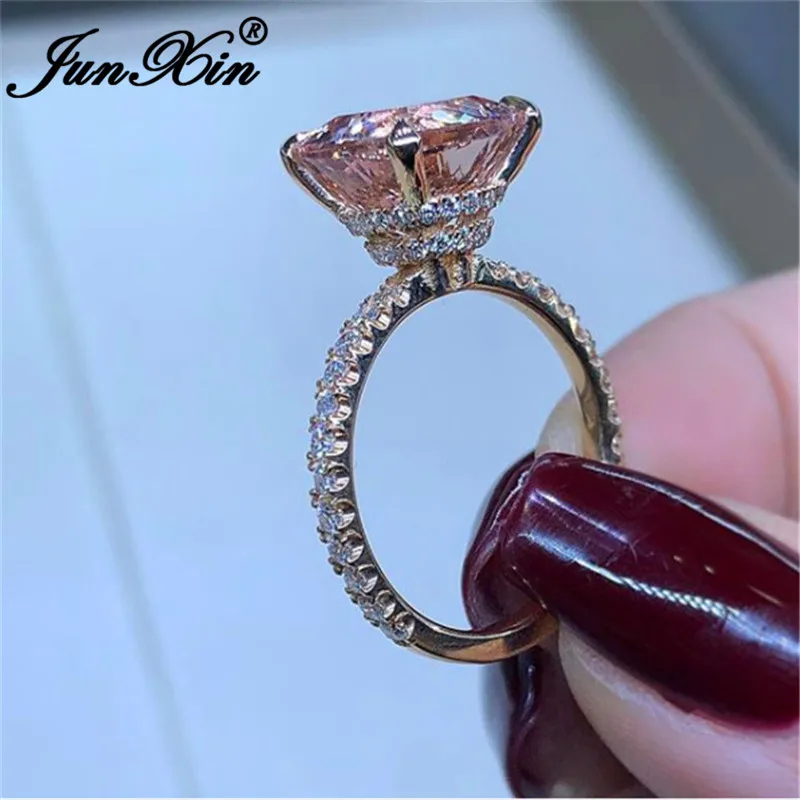 JUNXIN милые женские свадебные кольца с кристаллами и камнем принцессы для женщин, розовое Золотое заполненное квадратное обручальное тонкое кольцо с цирконием цвета шампанского