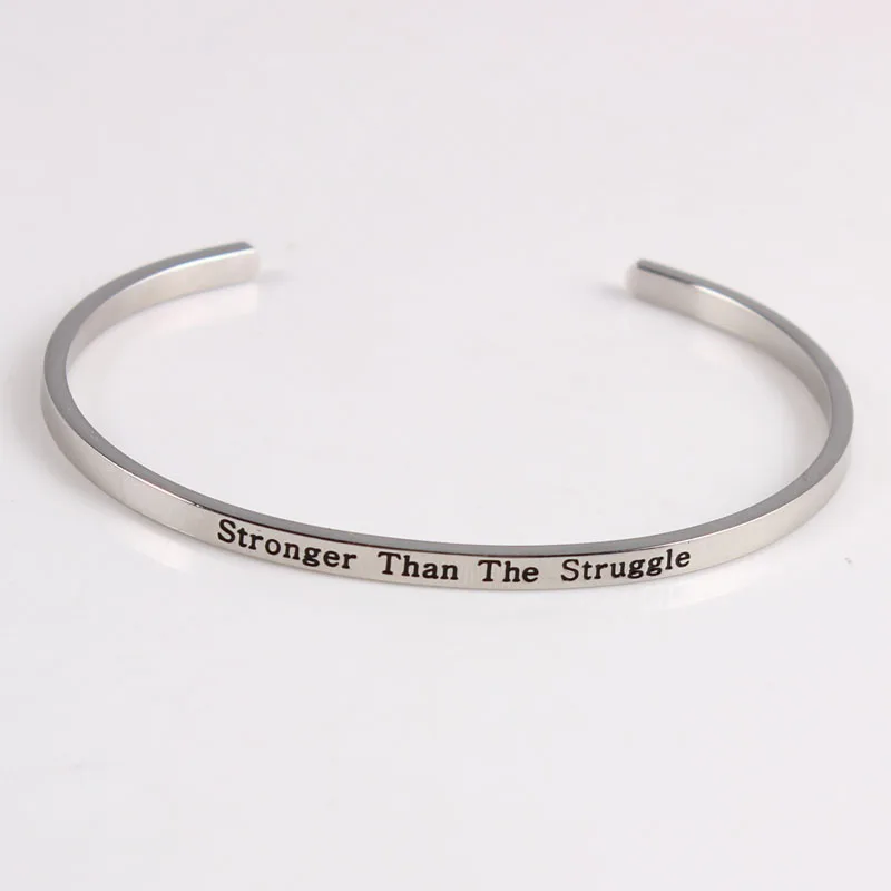 

2017 Stronger Stainless Steel Engraved Positive Inspirational Quote Cuff Mantra Bracelet Bangle For for couple lover Gift