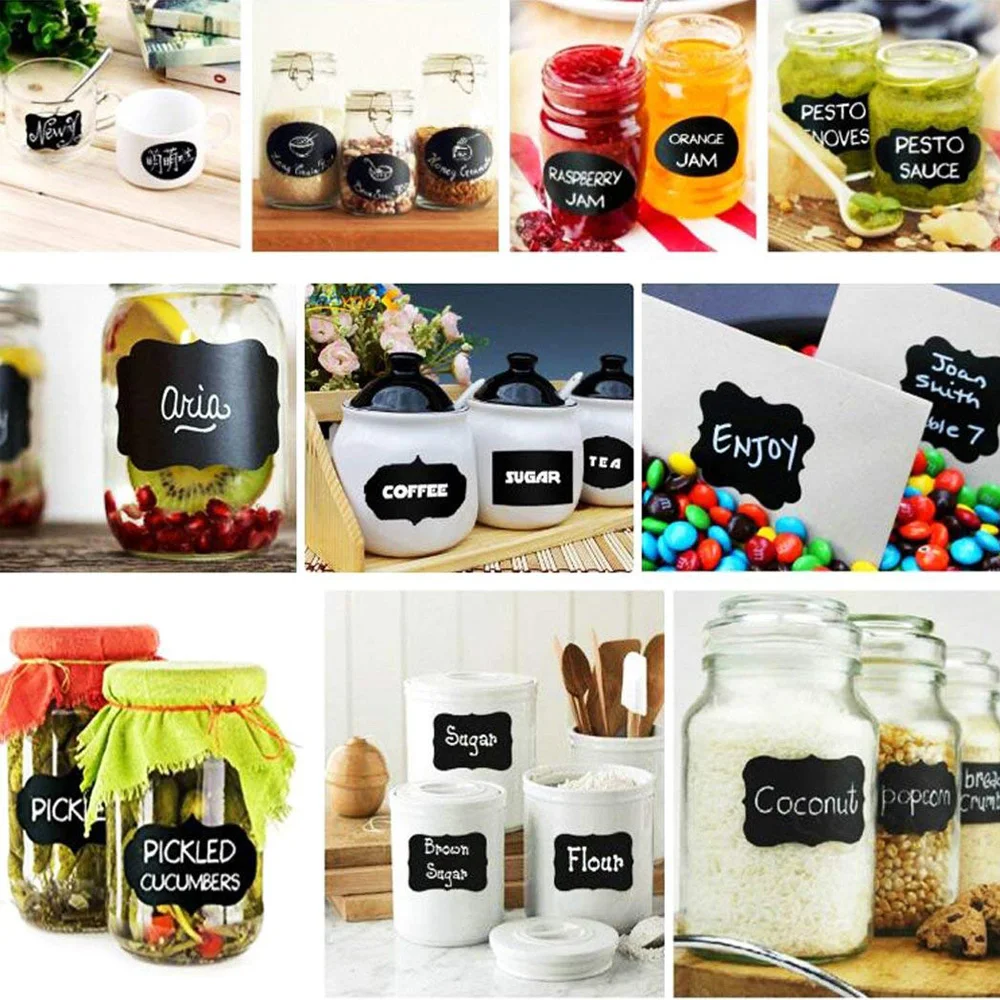Waterproof Glass Bottles 80pcs/10 sets Chalkboard Labels Tags Home Kitchen Jars Stickers Reused Wedding Party Decor Black Labels glass bottles jar stickers