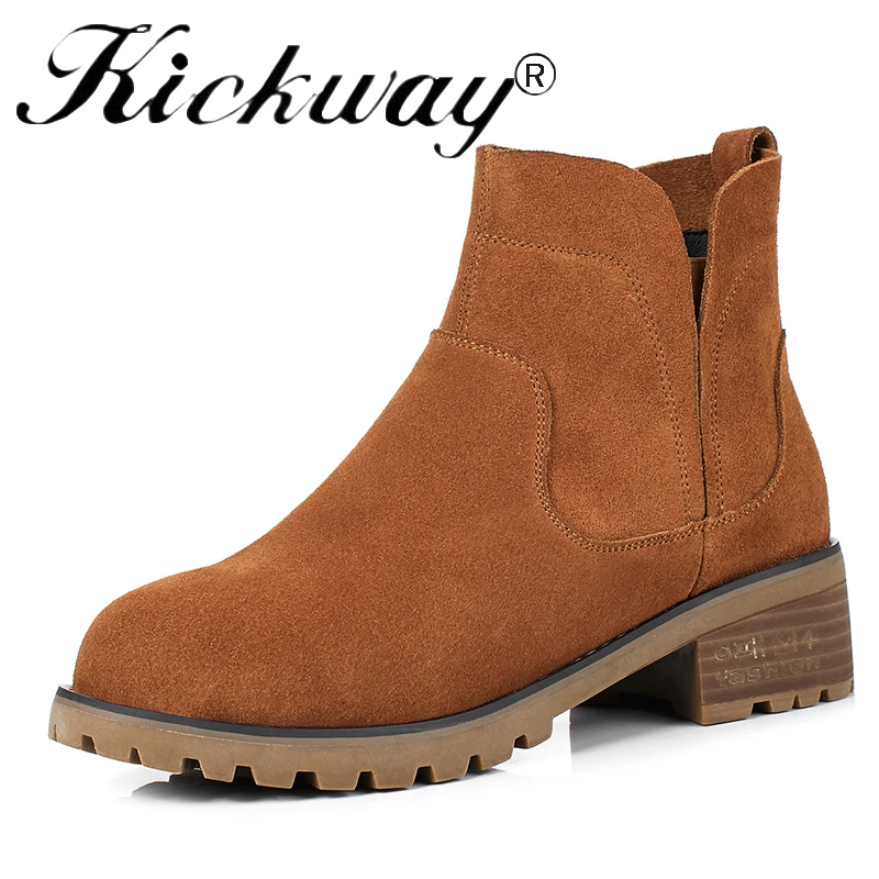 

Kickway 2017 Spring/Autumn Ankle Boots For Women Medium Heel 100% cow suede Women's Fashion Short Martin Shoes botas mujer