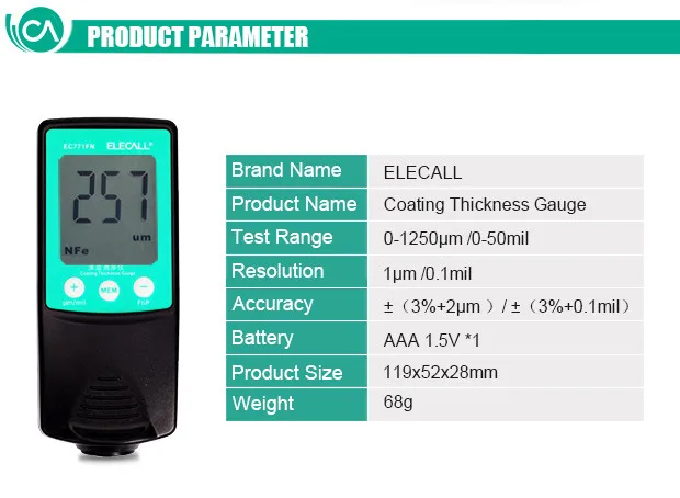 ELECALL EC771F цифровой толщиномер измеритель ширины покрытия измерительный прибор краска гальваническое покрытие измеритель толщины