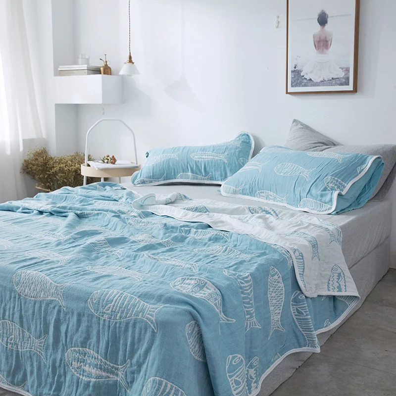 Летние одеяла в японском стиле с рисунком рыбы для кровати, односпальная двуспальная кровать из хлопчатобумажной пряжи, вязаное однотонное синее одеяло, мягкие домашние одеяла