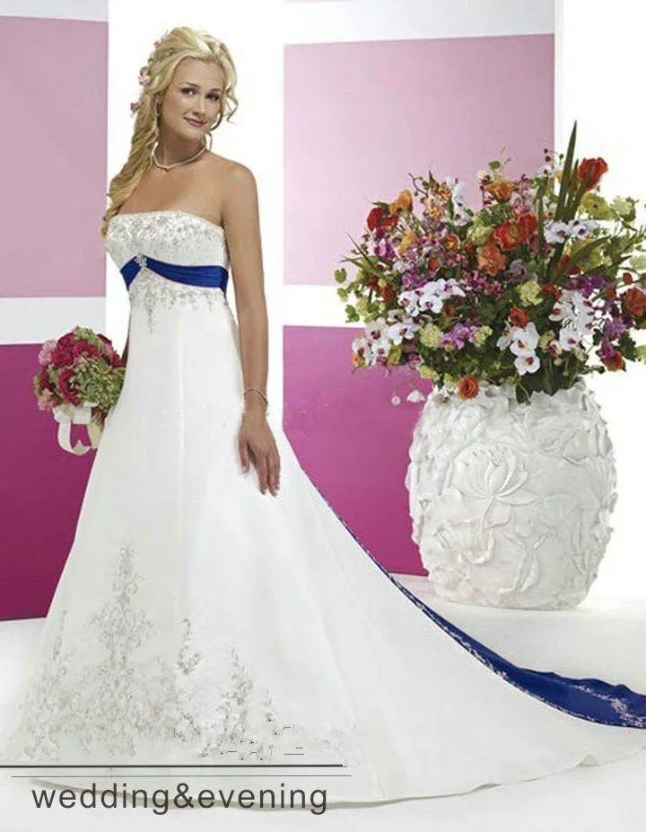 

Vintage Style Silver Embroidery On Satin White and Royal Blue Wedding Dress 2016 vestido de noiva