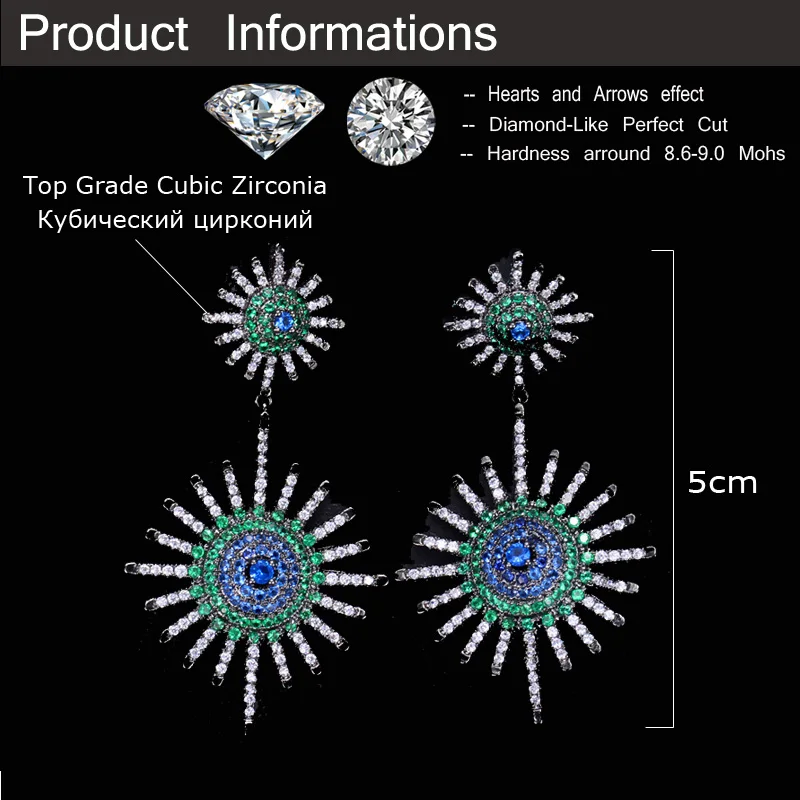 CWWZircons сверкающие звезды форма черный цвет микс зеленый синий CZ циркония камни большие длинные висячие серьги для женщин CZ028