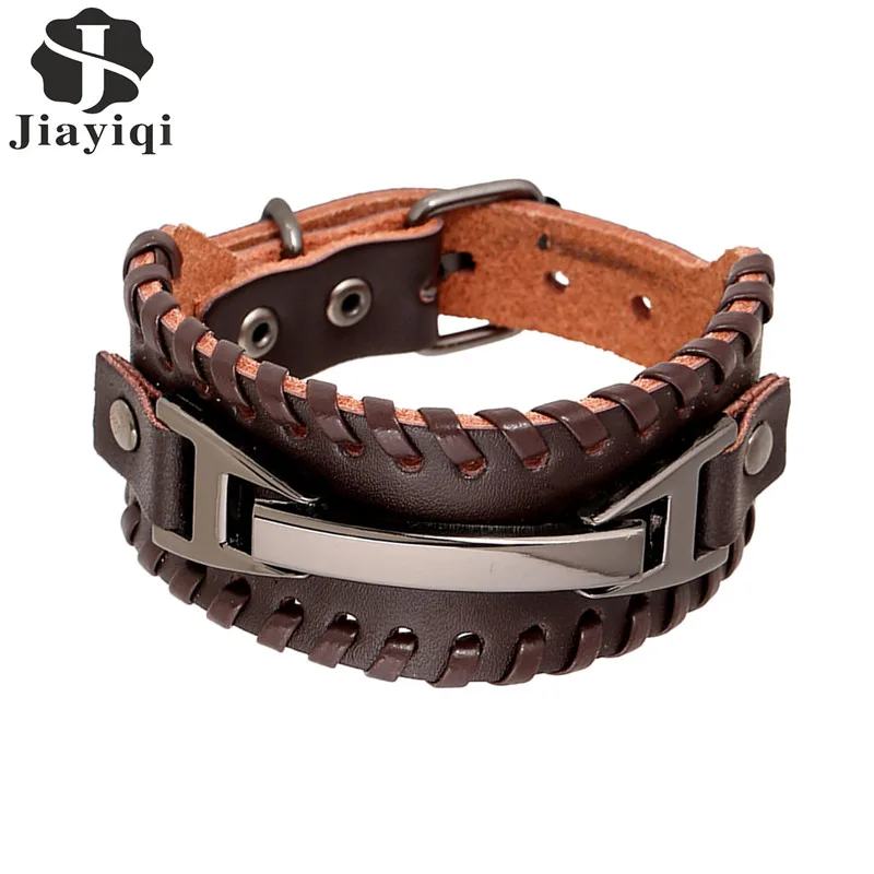 

Jiayiqi 2017 Vintage Leather Men Bracelets Punk Handmade Wide Cuff Rope Bracelet Woven Wristband Bangles For Men Jewelry