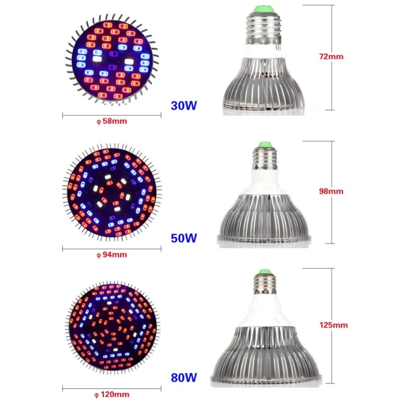 30 Вт/50 W/80 W E27 полный спектр Светодиодный лампа для выращивания растений лампы для гидропоники Крытый садовый парник гидропоники Системы