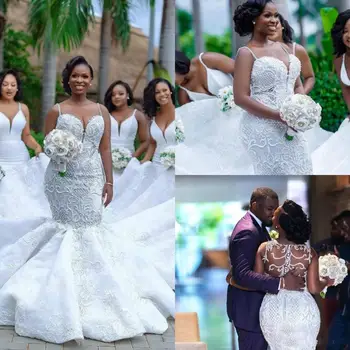 

Sexy Spaghetti Lace Appliqued Pearls Beads South African 2019 Luxury Mermaid Wedding Dresses Custom Beach Country Bridal Gowns