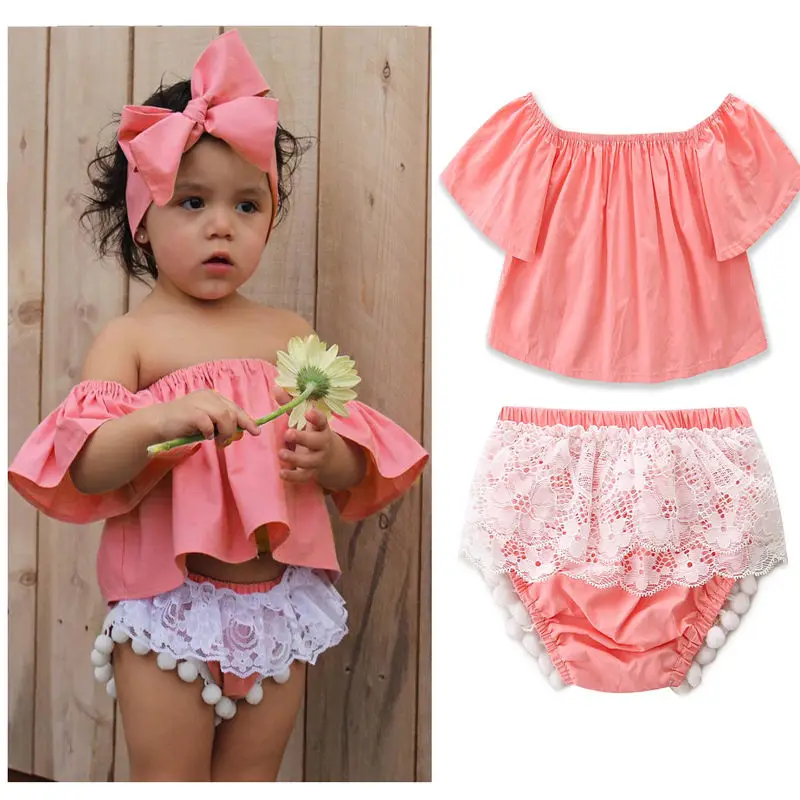 2 Pcs Baby Girl Infant Kids Off shoulder Tops+Lace Ruffle Shorts