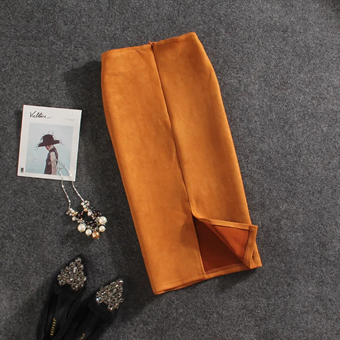 Демисезонный Новое поступление Для женщин Вечернее одноцветное юбка-карандаш Высокая растянуть Разделение Тонкий колен замшевые юбка-карандаш - Цвет: khaki