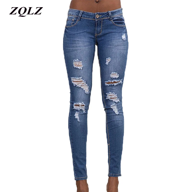 ZQLZ Jeans Woman Fashion Ripped Ultra Stretch Skinny Ture Pencil Pants Women Summer Denim Trousers Femme |