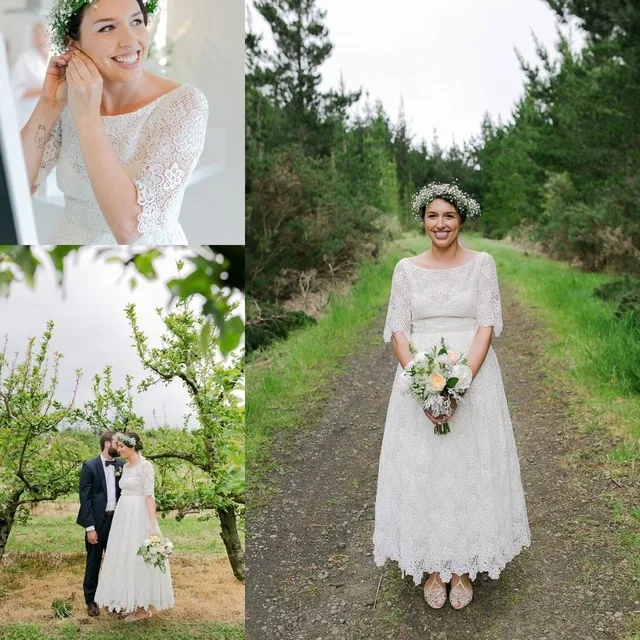 

BONJEAN White Lace Scoop Short Wedding Dresses 2019 Summer Half Sleeves Beach Bridal Wedding Gowns Zipper Back Vestido de Noiva