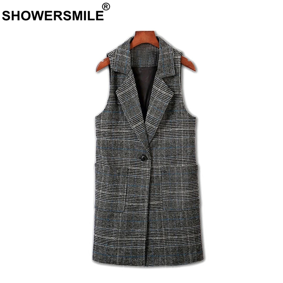 SHOWERSMILE Houndstooth Vests Women Long Grey Check Plaid Coat British Style Sleeveless Vest Female Lapel Collar Retro Waistcoat