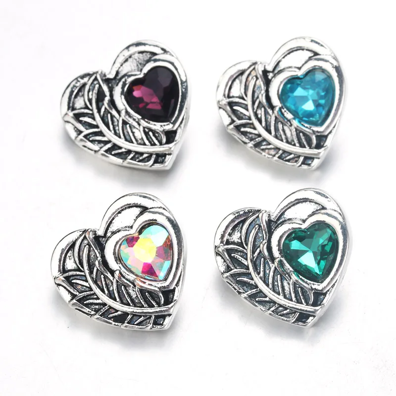 

10pcs/lot Interchangeable Feather Snap Jewelry Crystal Heart 18mm Metal Snap Buttons For Snap Button Bracelet Bangle 9963