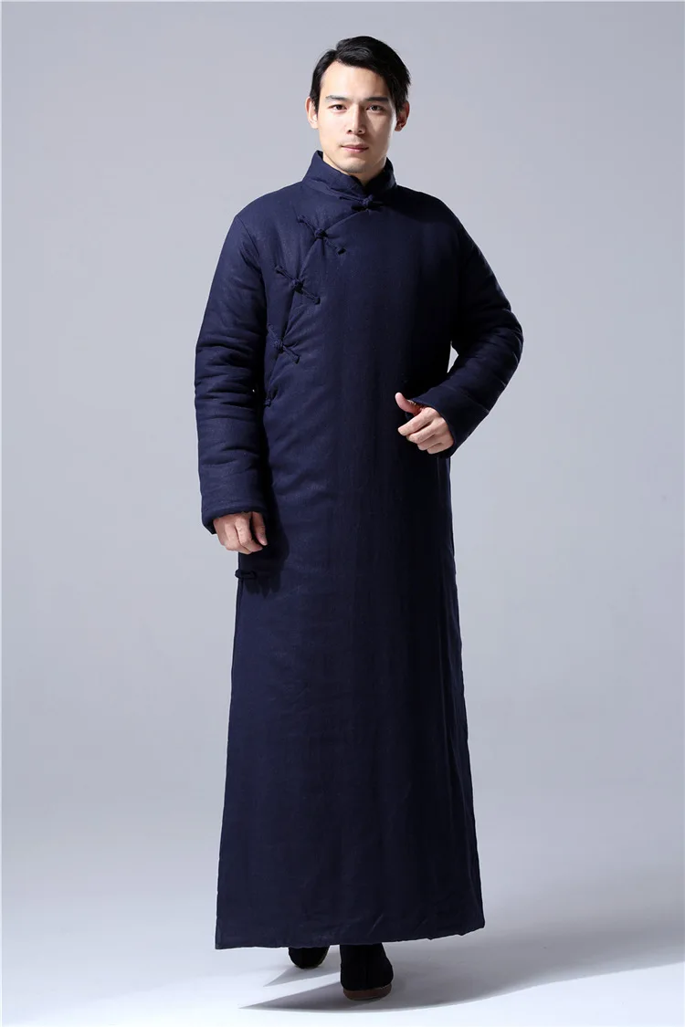 Китайский традиционный зимний мужской ретро пеньковый хлопковый мягкий длинный халат китайский стиль толстый свободный льняной длинный халат