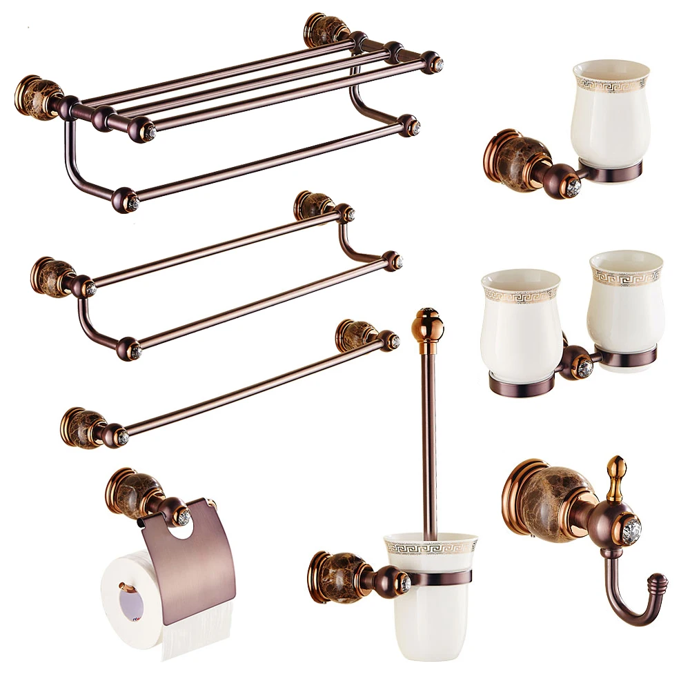 

European antique Towel rack copper clothes hook rose gold single toothbrush cup bathroom hardware pendant set