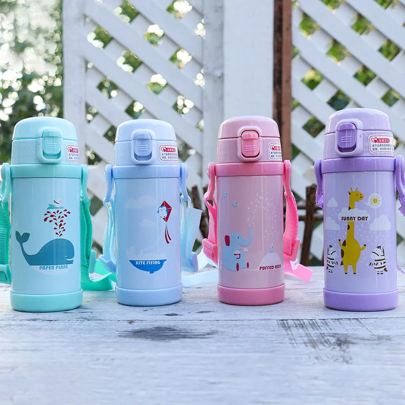 

hot sale 350ML student tea thermos cup bpa-free children cartoon portable travel Double cap Vacuum Flask water bottles with rope