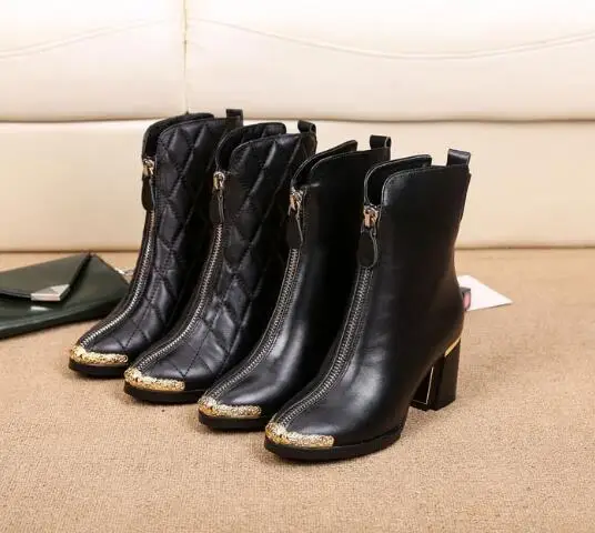

2018 Newest Genuine Leather Metal Toe Designer Ankle Boot Fashion Brand Square Heel Boots