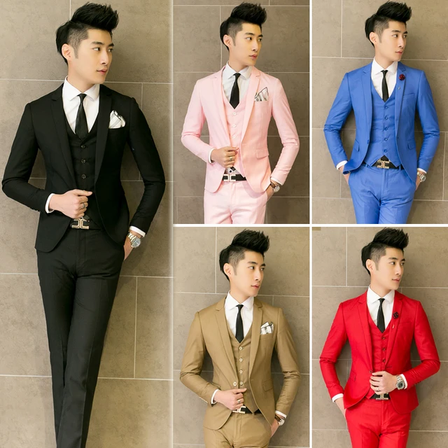 ( Jacket + Vest + Pants ) New 2019 Mens Boutique Pure Color Fashion Groom Wedding Dress Suits