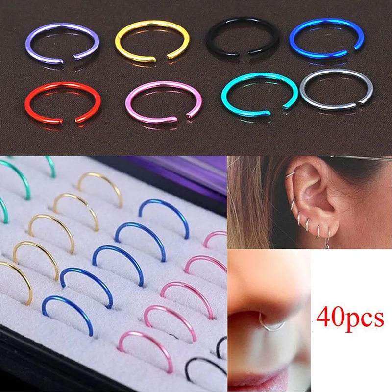 

40PCS No Hole Unisex Punk Clip On Ear Without Piercing Fake Body Nose Lip Hoop Rings Jewelry Earrings For Women Men Gold Silver