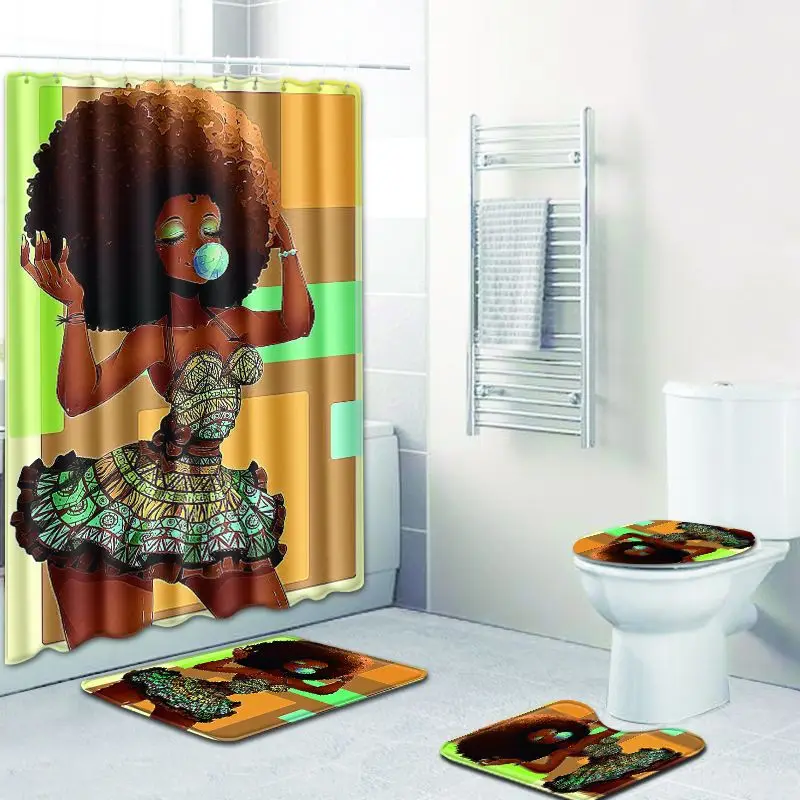 

Colorful Shower Curtain Toilet Seat Cover WC Seat Cover Bath Mat Closestool Lid Cover Africa Decor Bathroom 4PCS DropShipping