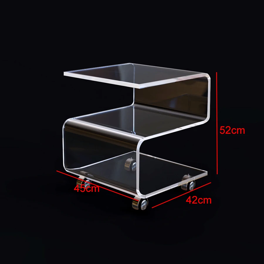 S-Shaped Acrylic Side Coffee Table On Wheels,Rolling Lucite Occasional End Corner Tea Tables - 45W-42D-52H CM