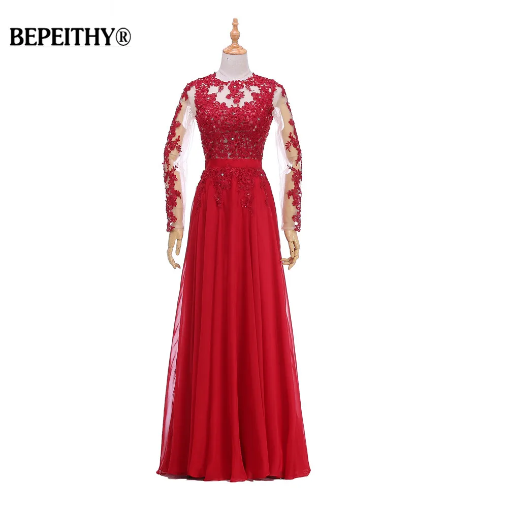 

BEPEITHY Vestido De Festa Formal Evening Dress Gown 2016 Pink Lace Chiffon Long Sleeves Party Dress Real Image Prom Gown 2019