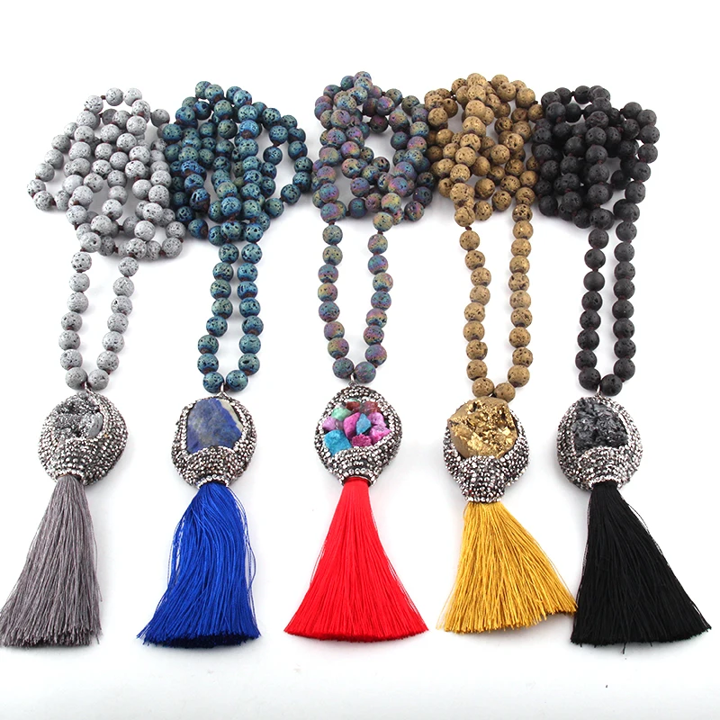 MOODPC модные богемные ювелирные изделия Лава камень завязанный Камень Натуральный Druzy& Tassel Подвеска Ожерелье для женщин этническое ожерелье
