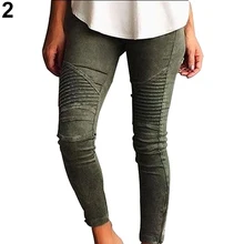 Women Fashion Casual Solid Color Pleat Pencil Slim Leggings Trousers Elastic Pants
