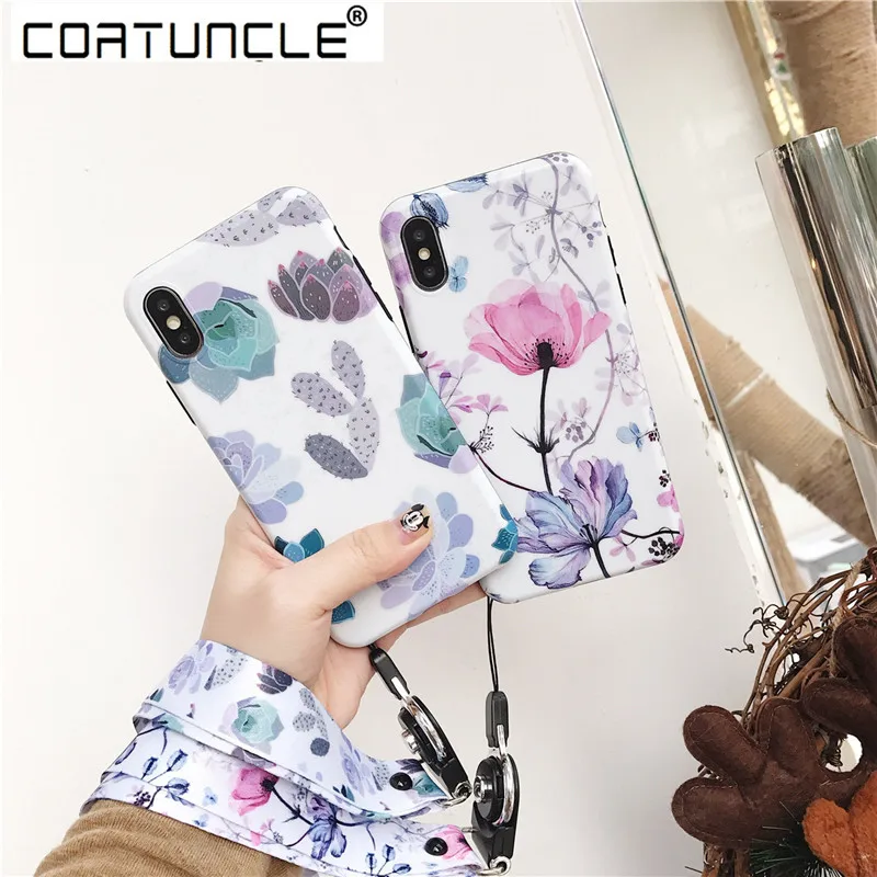 

Cactus Flowers Phone Case For iphone XS Max Case For iphone X XR 6 S 7 8 Plus Back Cover Fashion Lanyard IMD Cases Retro Capa