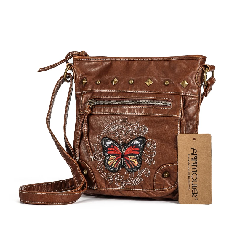 Annmouler خمر المرأة الكتف حقيبة 2 ألوان رسول حقيبة crossbody حقيبة فراشة التطريز الناعمة للسيدات بو الجلود محفظة