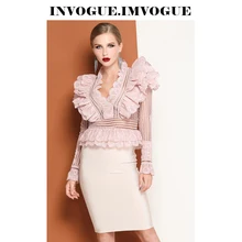 INVOGUE. IMVOGUE Новое поступление элегантный кружевной v-образный вырез с длинными рукавами модный оборки облегающий однотонный топ