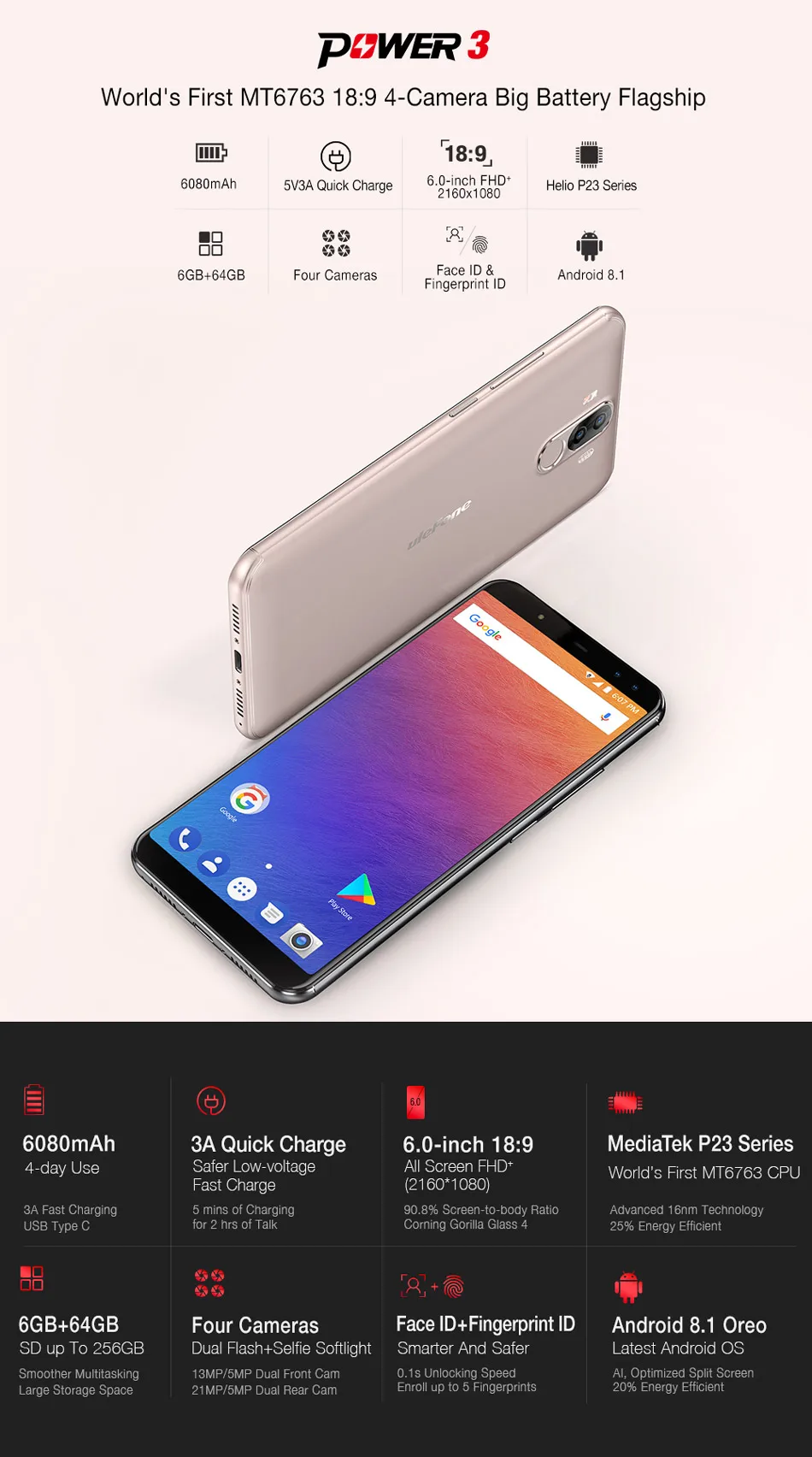 Ulefone Мощность 3 уход за кожей лица ID мобильный телефон 6," 18:9 FHD+ безрамочный экран 6080mAh 6 Гб 64 Гб 21,0+ 13,0 Мп 4 камеры Android 8,1 MT6763 Octa Core, 4G, мобильный телефон