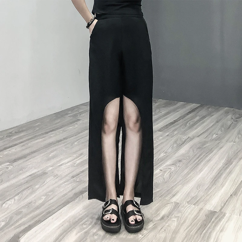 

[EWQ] 2019 Summer New Pattern Casual Style Hollow Wide Leg Pants High Waist Woven Fabric Full Length Straight Pants AF442