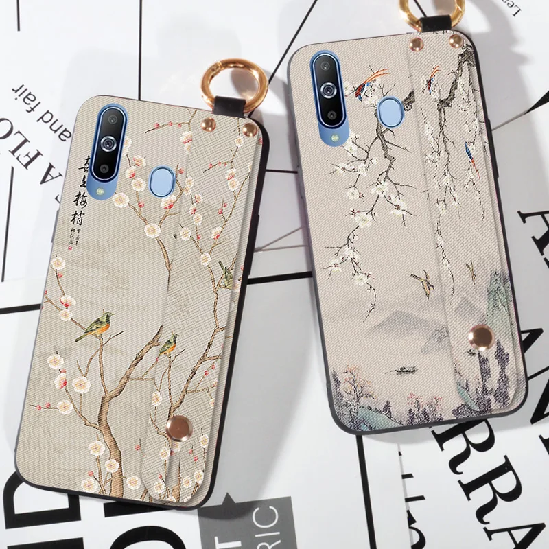 

3D Embossed Flowers Case For Samsung Galaxy A6s SM-G6200 Hand Cover Wrist Strap Cases For Samsung A8S SM-G8870 Capa Stand Coque