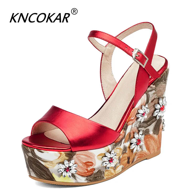 

Genuine Leather Wedge Sandal New Shoes Flower Fish Mouth Bottom High Heels And Sexy Diamond Flowers For Women's Shoes