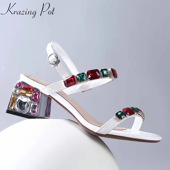 

Krazing pot 2020 genuine leather peep toe colorful crystal high heels diamond-studded women dating gorgeous big size sandals L30