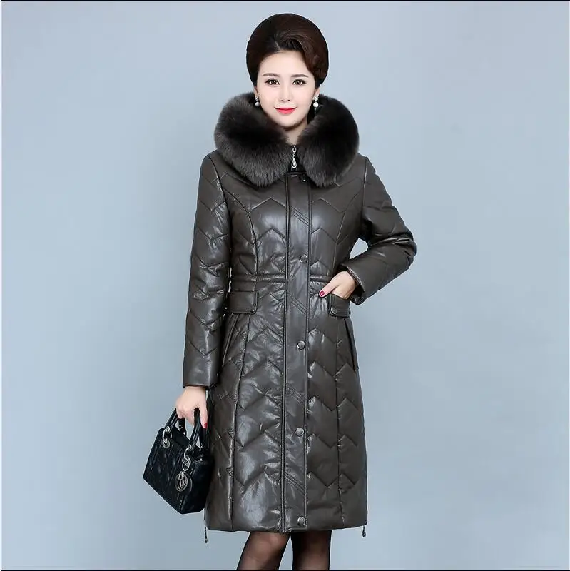 Winter Soft Leather Thicken Warm Jacket Women New PU Parka Large Fur Collar Coats Female Long Parkas Outerwear Large Size 6XL - Цвет: Хаки