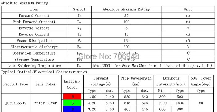 Прямоугольный светодиод 255 RGB с рассеянным сквозным отверстием 2x5x5 мм общий