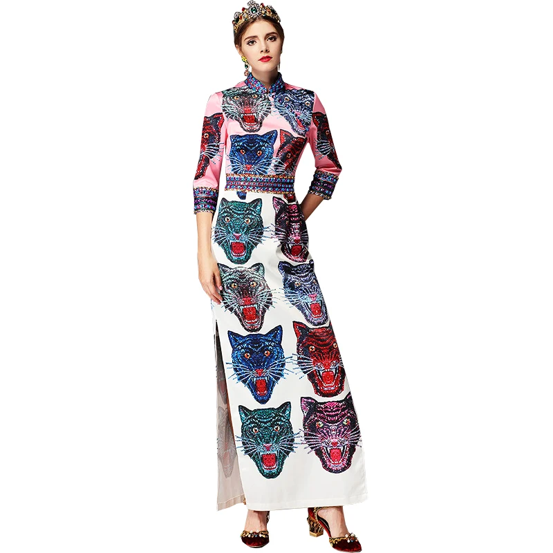 

Star with the paragraph 2018 autumn tiger head printed bead collar collar open sequined diamond slim dress dress L