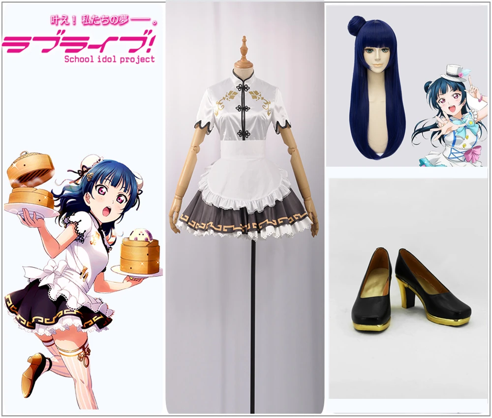 

LoveLive!SunShine!! Aqours Mijyuku Mijuku Tsushima Yoshiko Cosplay Costume Girl Dress White Cheongsam Top Apron Skirt Shoes Wig